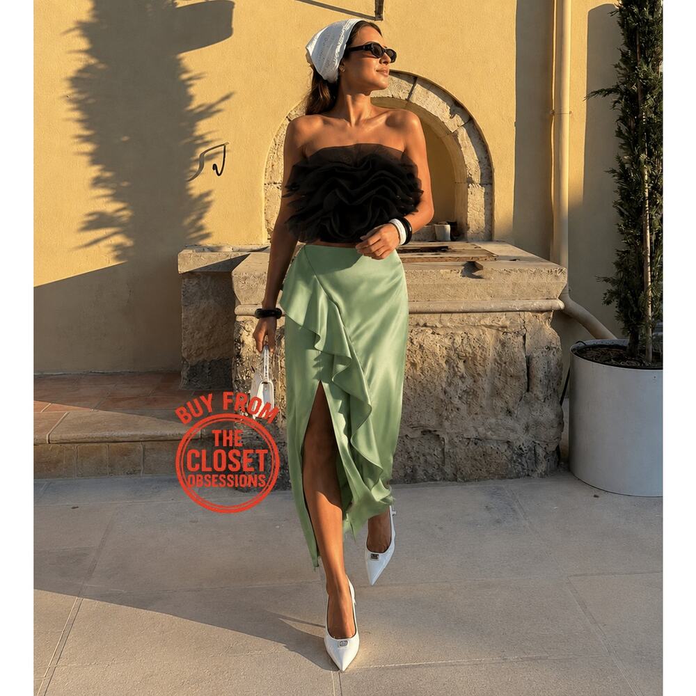 Zara NWT Mint Green Satin Ruffle Front Slit High Waist Midi Skirt M - Picture 2 of 16
